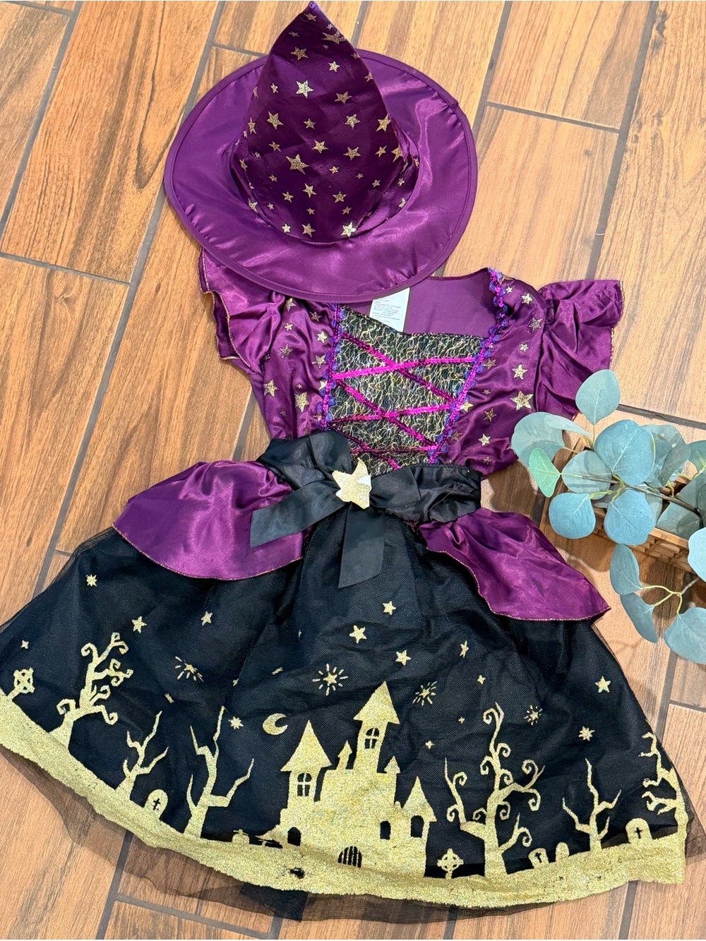 Purple & Black Sparkle Witch Costume Dress with Hat - Kids